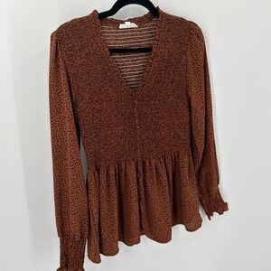 THML Leopard Peplum Smocked Blouse Modern Women Size‎ Small Brown Animal Print